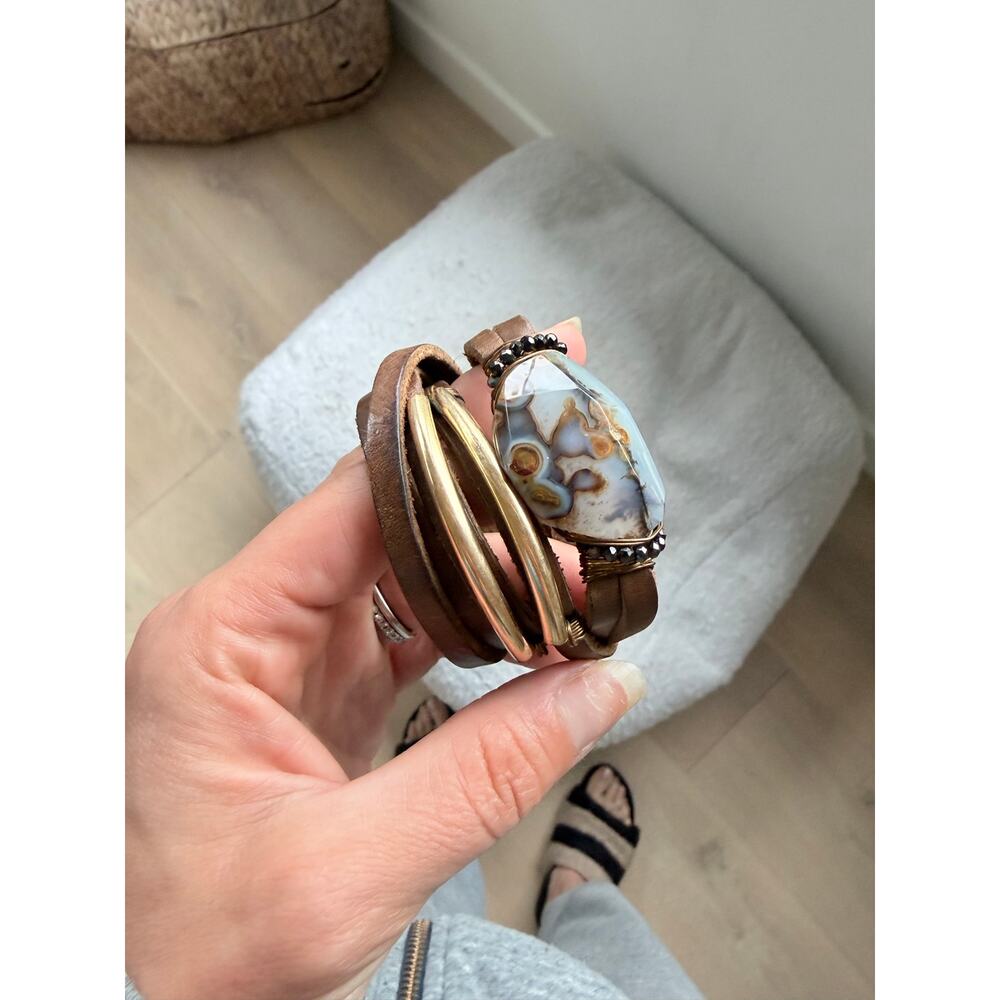 Taylor & Tessier Leather wrap bracelet with crazy lace agate